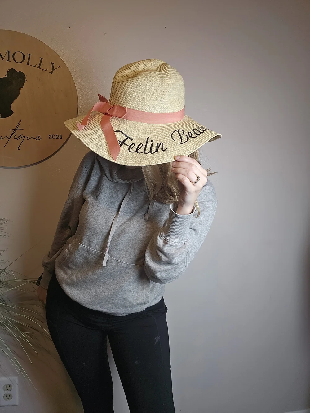 Straw Wide-Brim Sun Hat with Pink Ribbon - Feelin Beachy Script